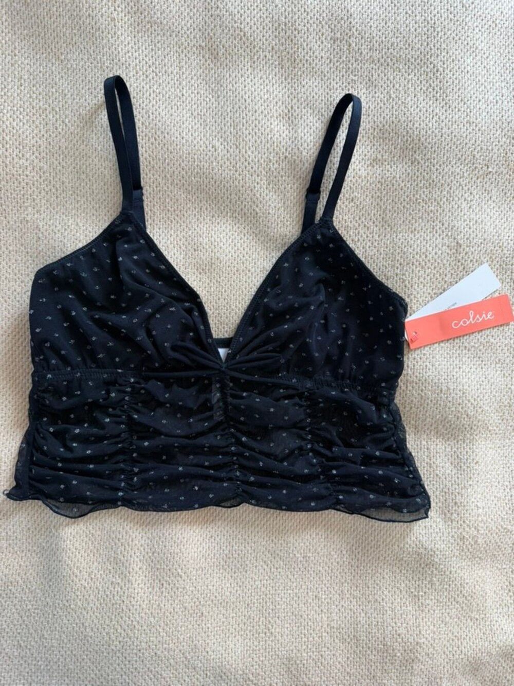 Colsie Black Mesh Bralette Size M White Dot Ruched NWT
